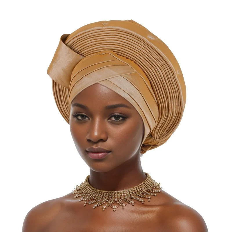 2024 African Auto Gele Headtie Women Turban Cap Raw Silk Nigeria Autogele Wedding Party Gele Headwear Female Head Wraps Ready