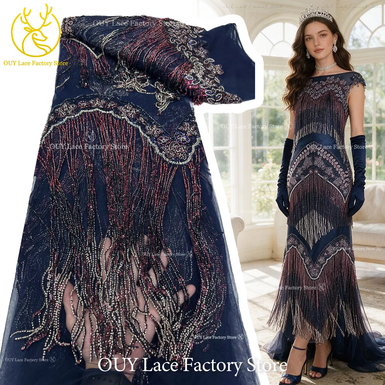 Navy Blue 3D Draping Beaded Sheer Lace Fabric High‑Grade French Sequin Mesh Lace for Luxury African Wedding & Banquet Gowns