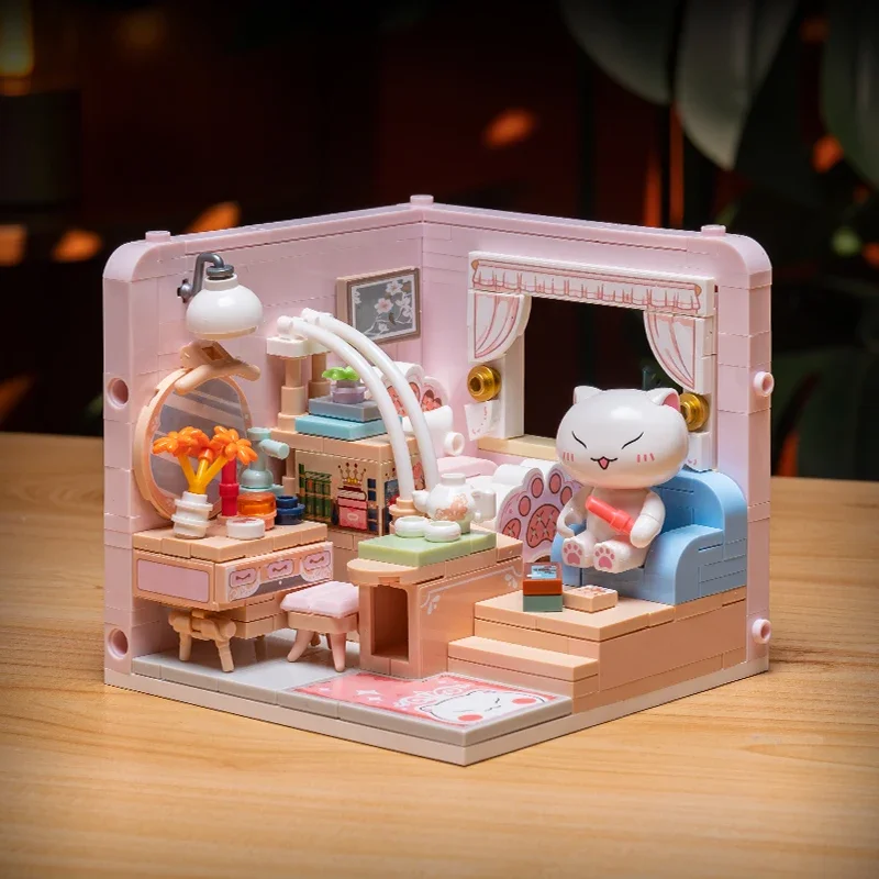 

Cute Cat's Room Mini House Building Blocks Full Set Street View Children's Assembly Toy Model Ornaments Holiday Gift Collection