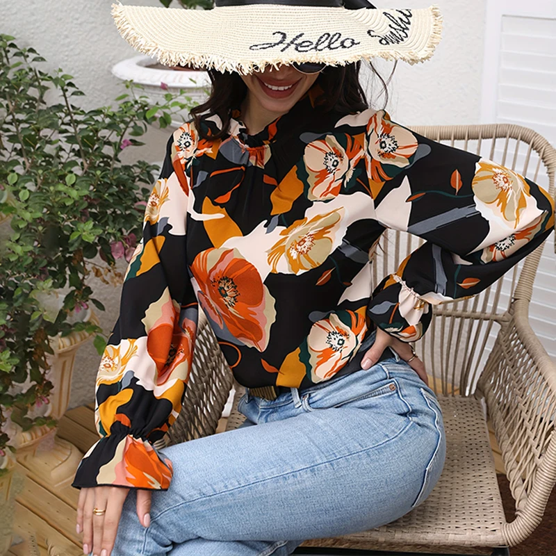 2024 Women\'s shirt fashion flower print design shirt new long sleeve 100 round neck casual flared cuff breathable fiber material