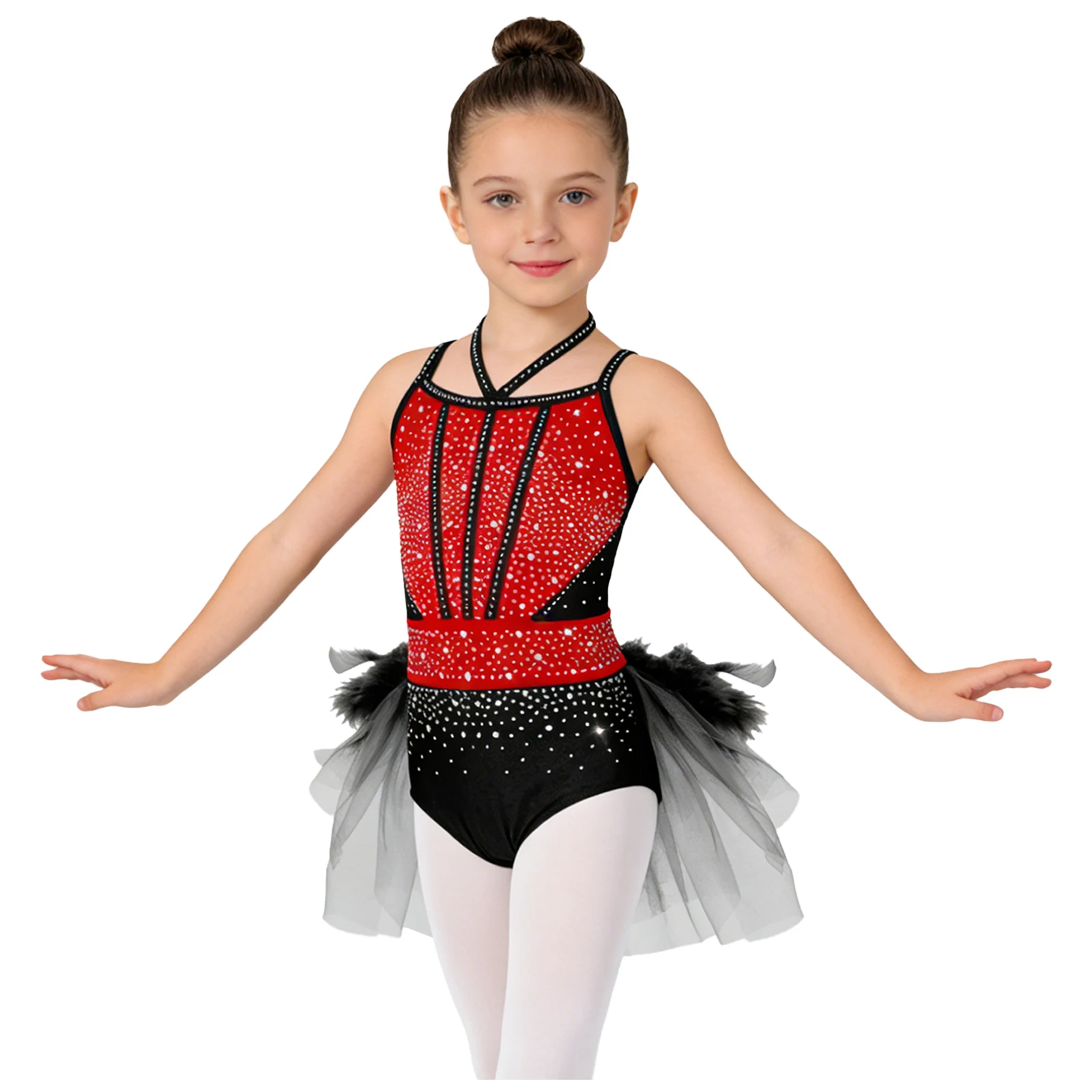 Children Girls Shiny Rhinestone Ballet Jazz Dance Costume Sleeveless Halter Back Leotard with Tulle Skirt Competition Show Dress