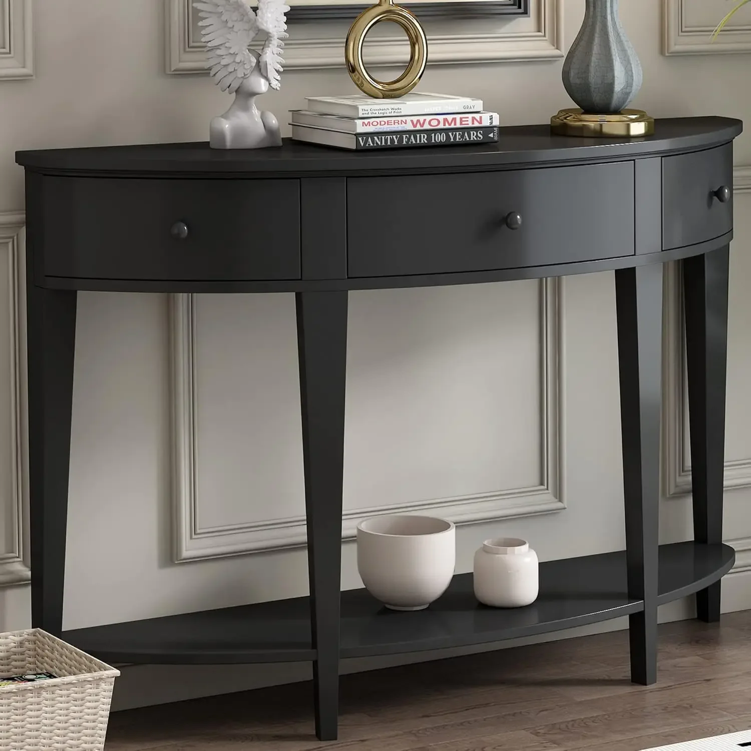 [صفقة ساخنة، أفضل بائع! ] طاولة كونسول منحنية حديثة مقاس 51 بوصة، طاولة أريكة مدخل نصف قمر مع أدراج ورف تخزين مفتوح