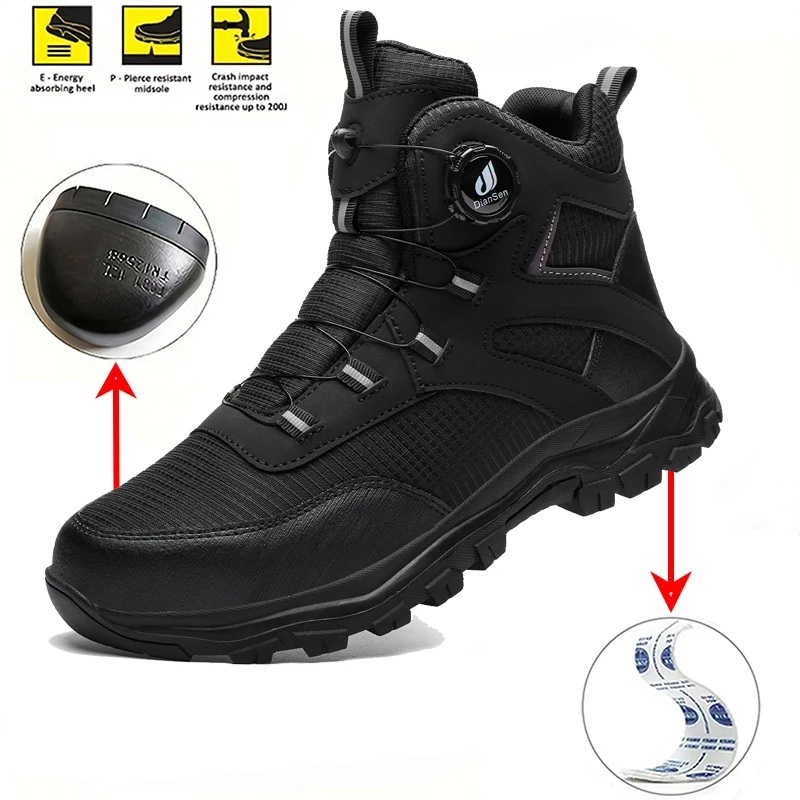 

Men Safety Rotating button Boots Outdoor tactical boots Indestructible shoes Puncture-Proof Work Boots Steel toe shoes Sneakers