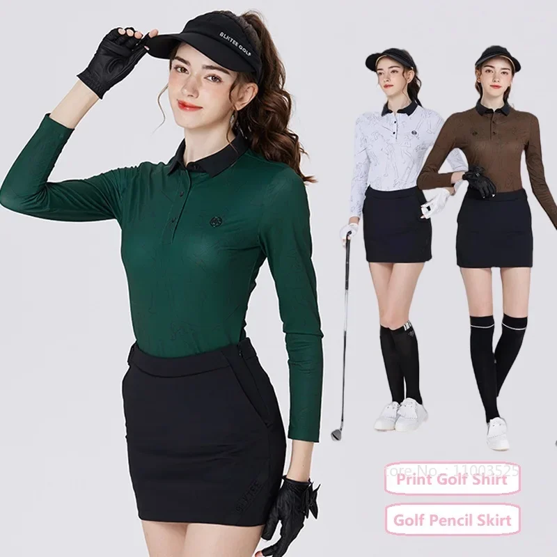 2024 Blktee Women Autumn Winter Golf Polo Shirt Printed Long Sleeve Tops Ladies Golf Pencil Skirts Slim Leisure Skorts Suit