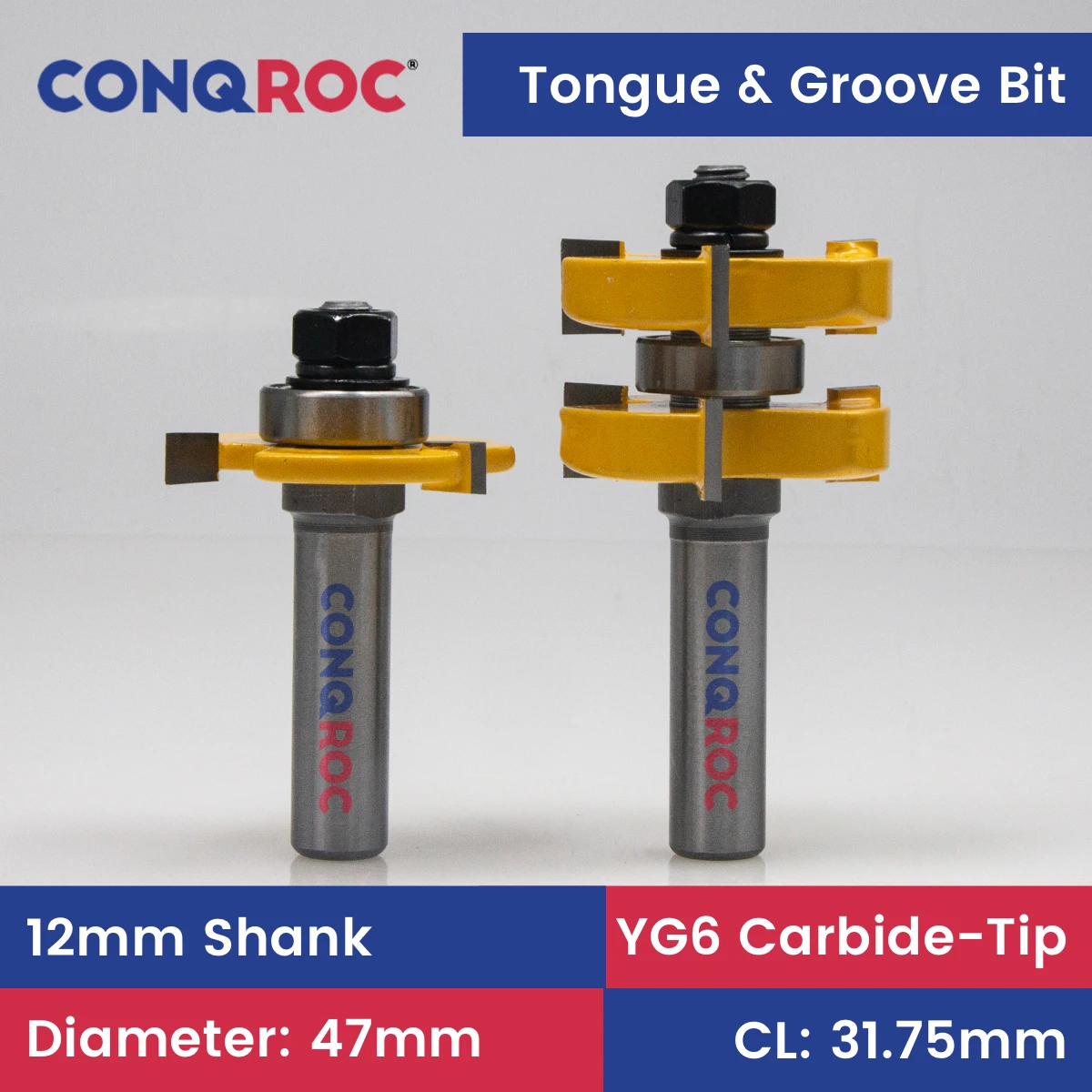 

Woodworking Tongue and Groove Router Bits Set 12mm Shank for Thick Stock 1-1/4" (31.75mm) with Bearing Guide