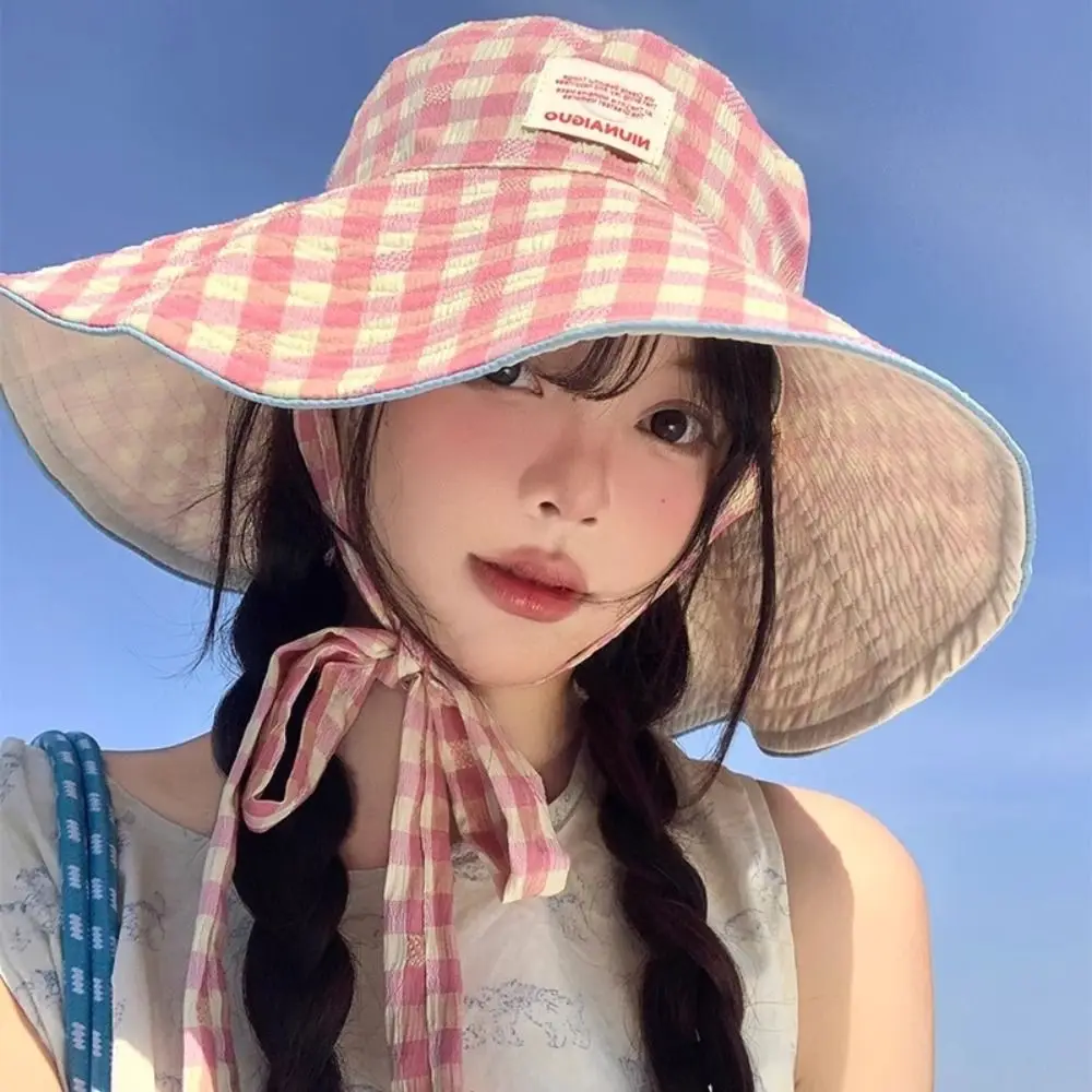 

Korean Summer Plaid Bucket Cap Tie Strap Wide Brim Sunscreen Hat Two-sided Sweet Fisherman Caps Outdoor