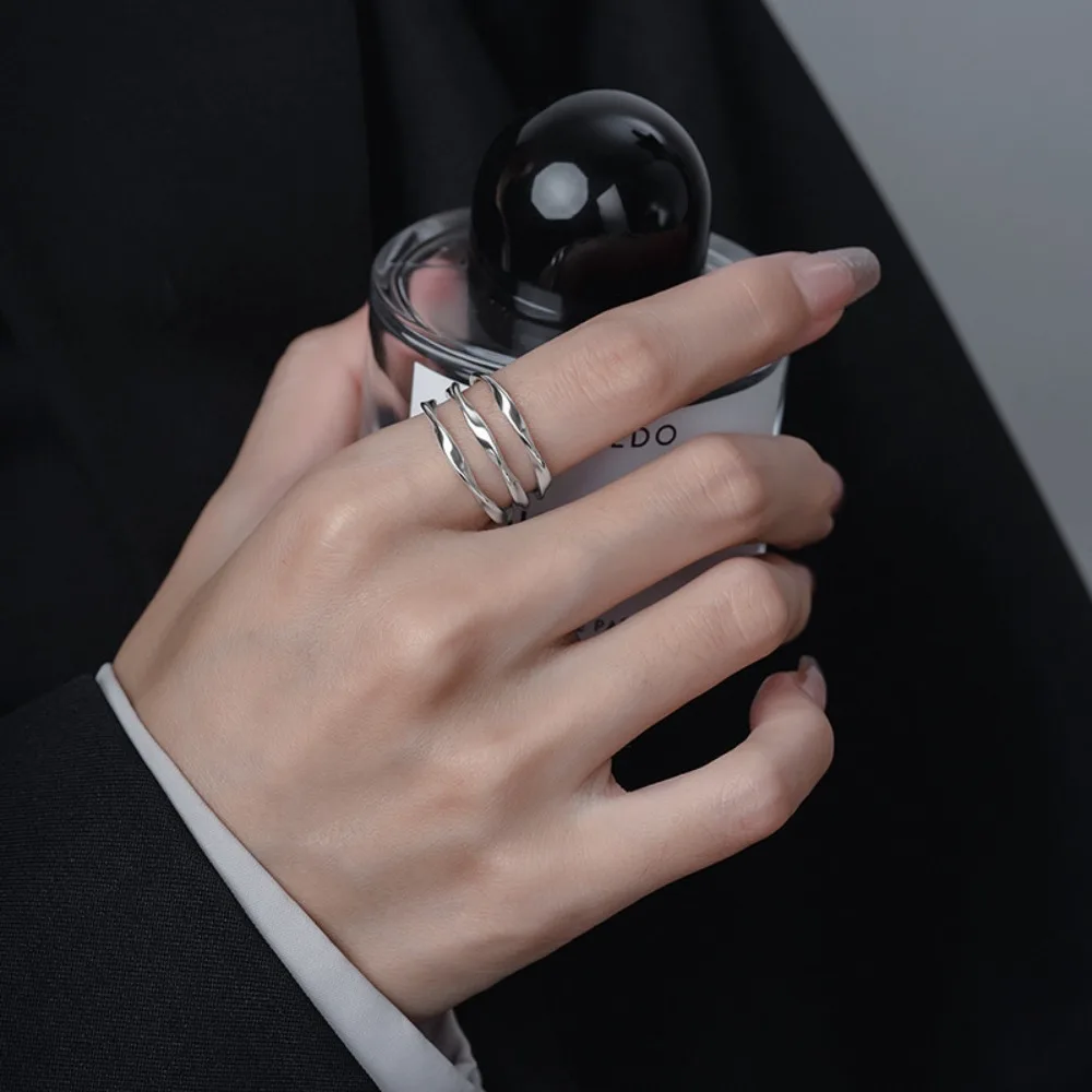 خط موجة هندسية قابل للتعديل حلقة مفتوحة مطلية بالفضة مجوهرات حديثة قابلة للتكديس للنساء #2