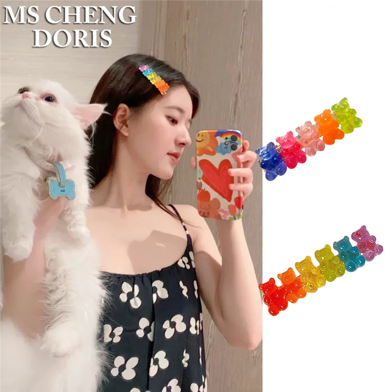 MSCHENGDORIS Candy Color Jelly Bear Hair Clip Women Girl Cartoon Transparent Bear Barrette Fashion Cute Resin Gummy Bear Jewelry