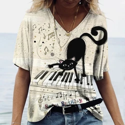 Women's Clothing V-Neck Short Sleeve T-Shirts Summer Plus Size Clothing T Shirt Cute Cat Printing Tops Animals Pullover Casual