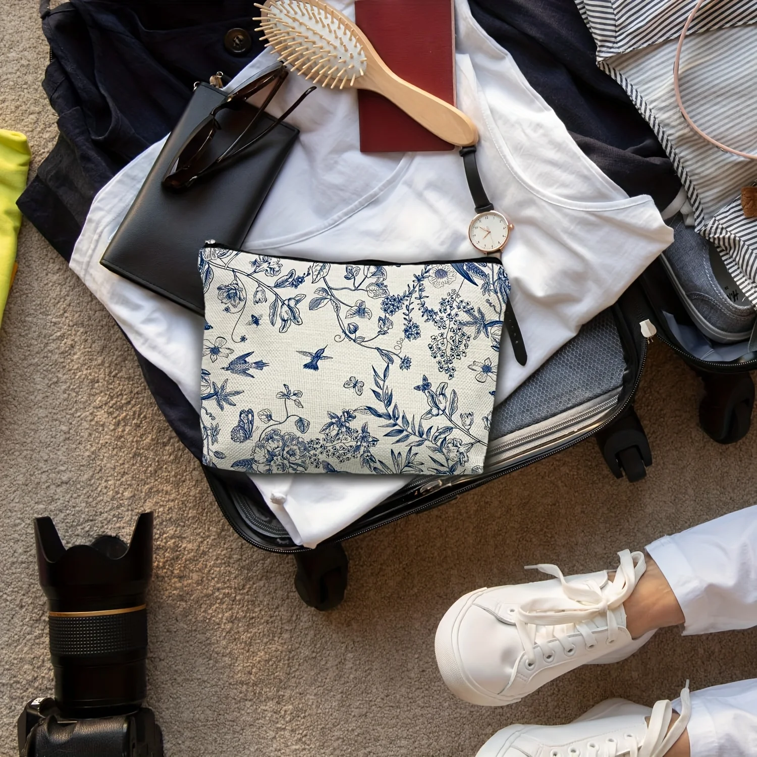 Blaue Make-up-Tasche mit Blumenmuster im chinesischen Stil – multifunktionale Reißverschlusstasche, Schmuck-Aufbewahrungstasche, perfekte kleine Reise-Aufbewahrungstasche mit Reißverschluss