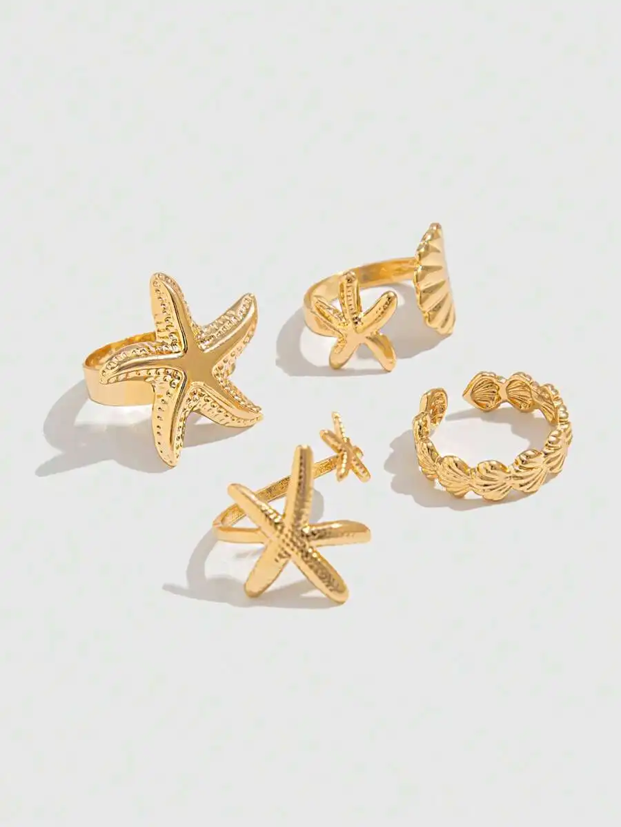 

4pcs Star And Shell Adjustable Rings Set Punk Style Unisex Fashion Rings