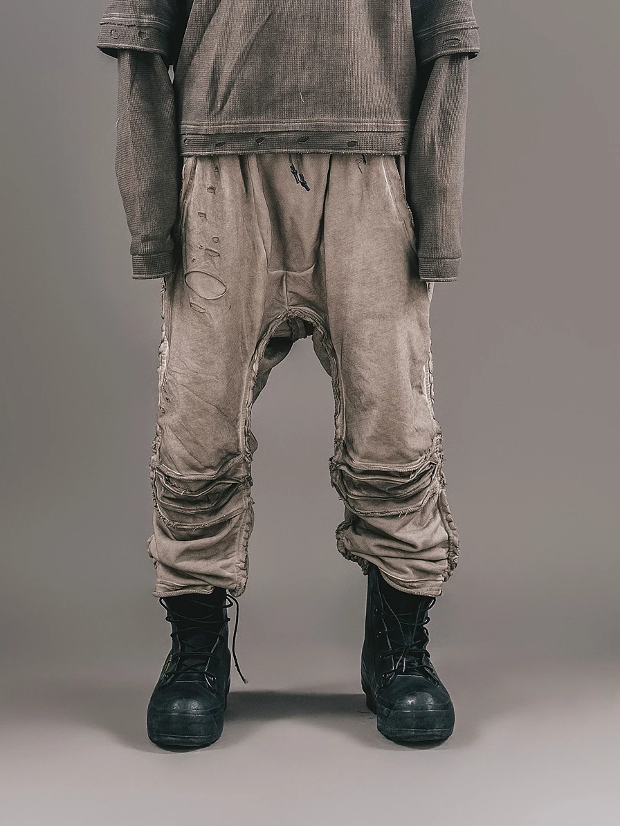 Original Design Dirty Wash Ripped Distressed Pleated Ripped Casual Sports Flare Cut Pants Sweatpants Men's Trousers