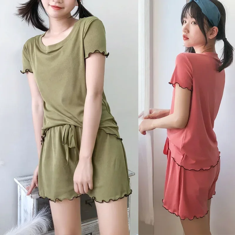 Women Pajama Set Short Sleeve Shirt+Shorts 2Pcs Suit Sleepwear Solid Homewear Female Nightwear 2024 Summer Home Clothes