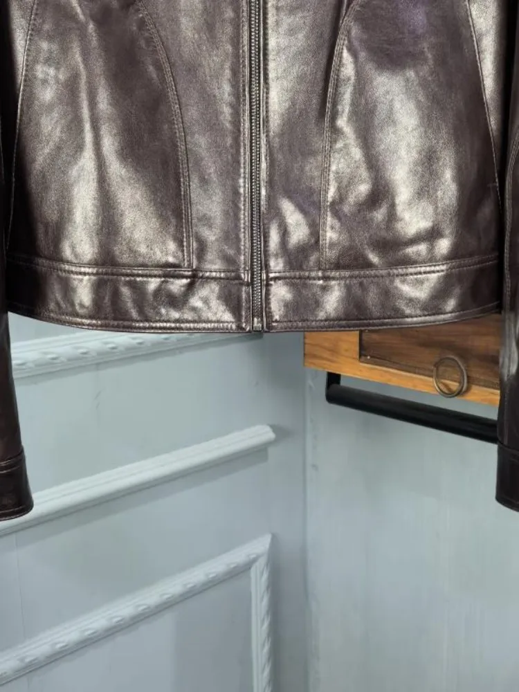 Modna, ręcznie robiona kurtka z zamkiem błyskawicznym, jednolity kolor, skóra naturalna, krótki płaszcz, najwyższa jakość, kołnierz, owcza skóra, długi rękaw, damski płaszcz biurowy.