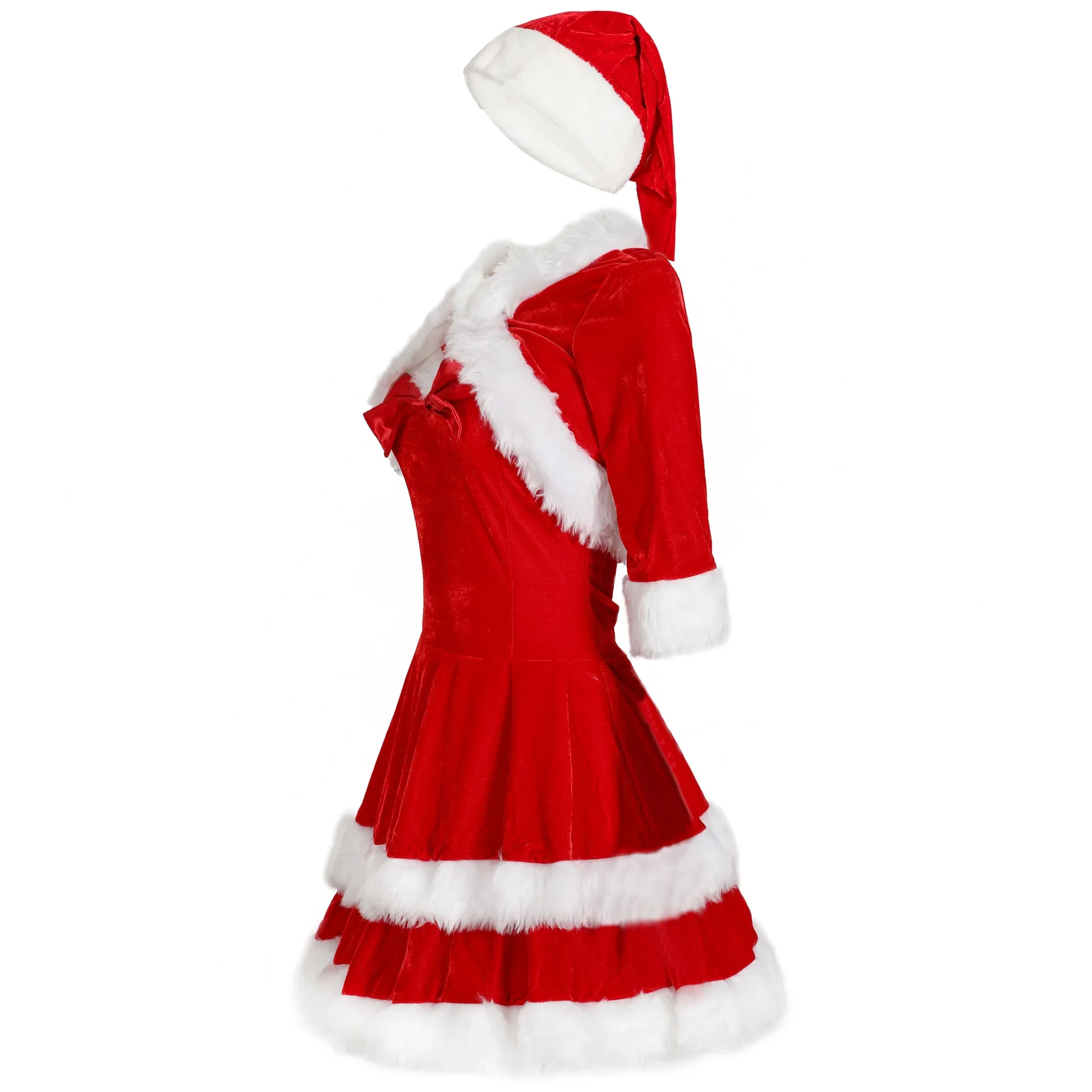 ZAWALAND Abito natalizio rosso sexy Costume cosplay Abito da donna Cappello da Babbo Natale Abito natalizio Scialle Abbigliamento da palcoscenico per feste Uniforme da donna