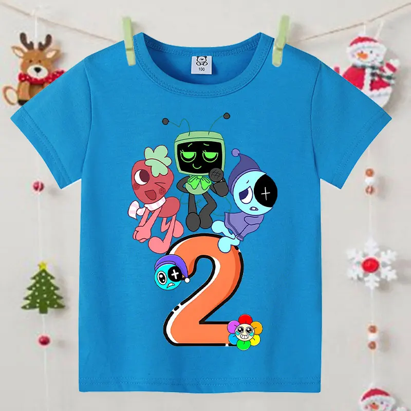 Dandy's World Blue T-shirts for Children Anime Cartoon Fashion Short Sleeved Shirt Boys Girls Summer Kawaii Top Kids Clothes