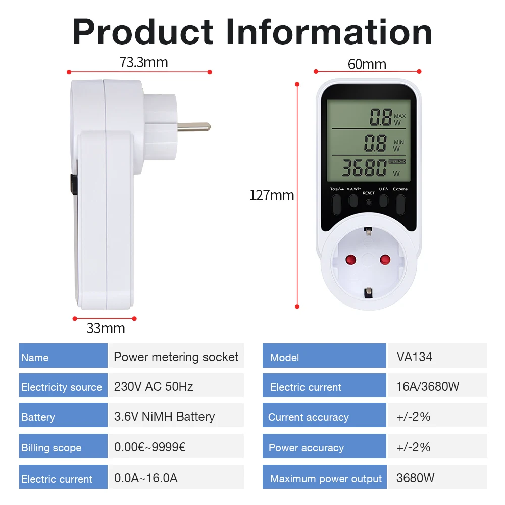 Medidor de potencia de CA, enchufe con pantalla LCD, vatímetro, probador de energía KWH, medición del consumo de electricidad, Monitor de potencia de voltaje de corriente