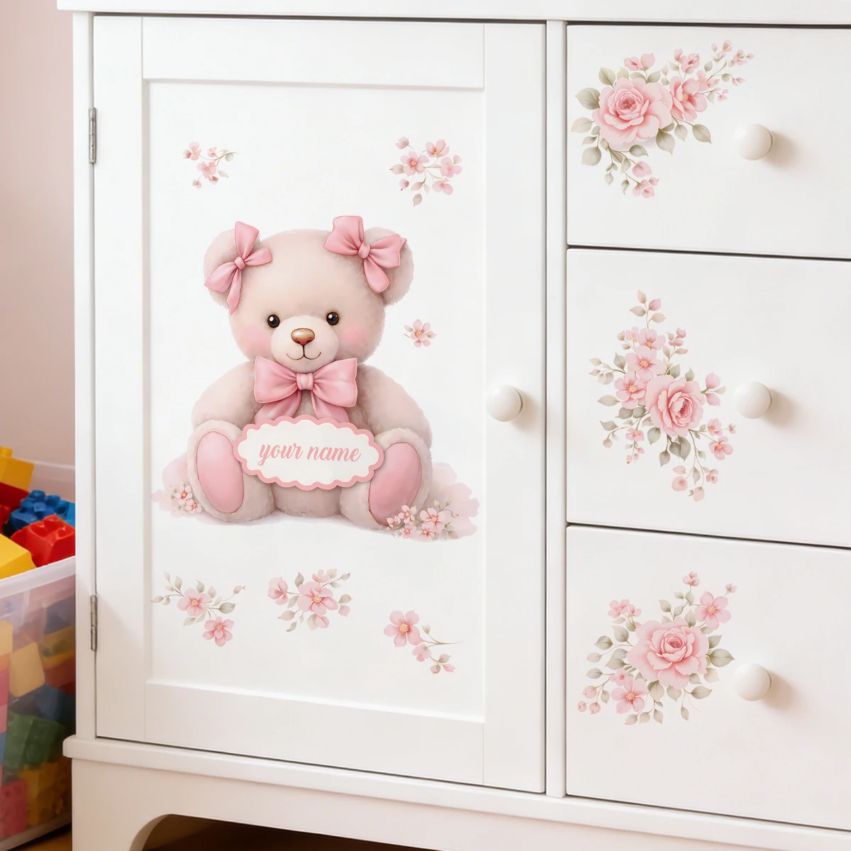 Custom Name Pink Bow Teddy Bear Wall Sticker Nursery Girls Room Child Room Murals Decal Kids Room Bedroom Living Room Home Decor