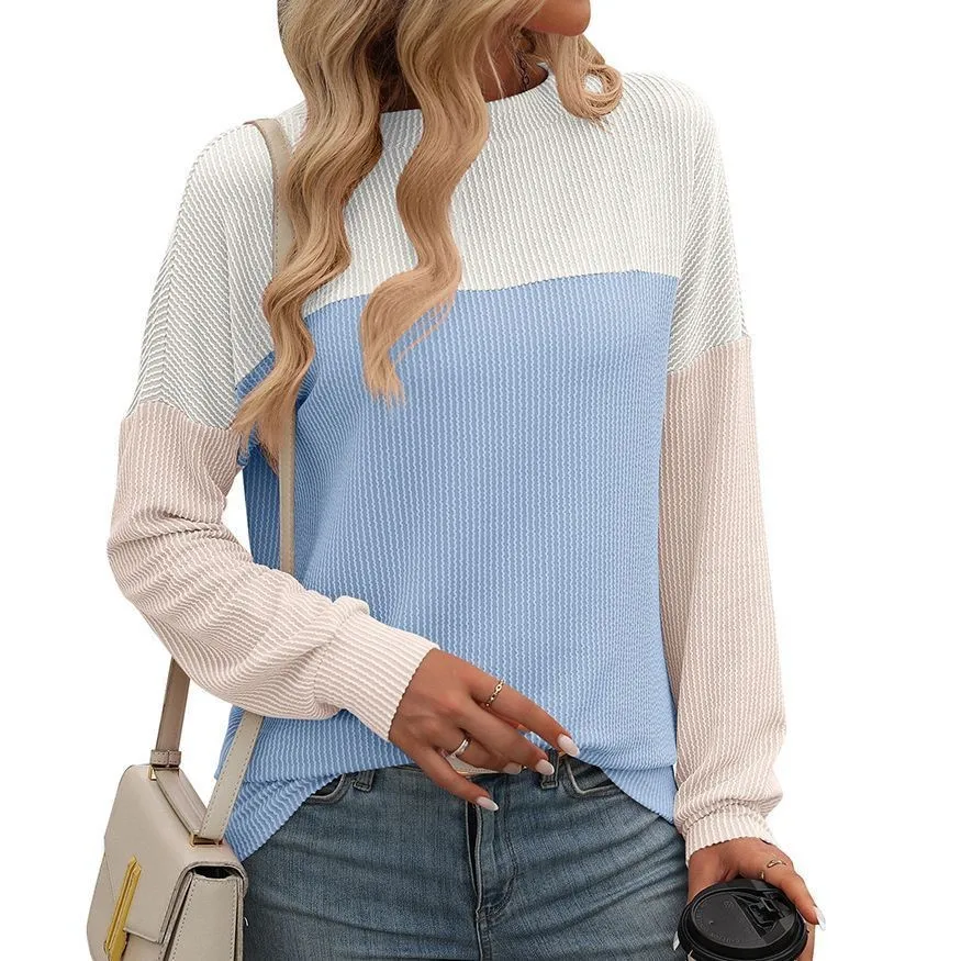 Women's Sweater T Shirt Long Sleeve O Neck Loose Fit T Shirts Solid Color Ribbed Texture Round Neck Top Pastel Pink Casual Knit