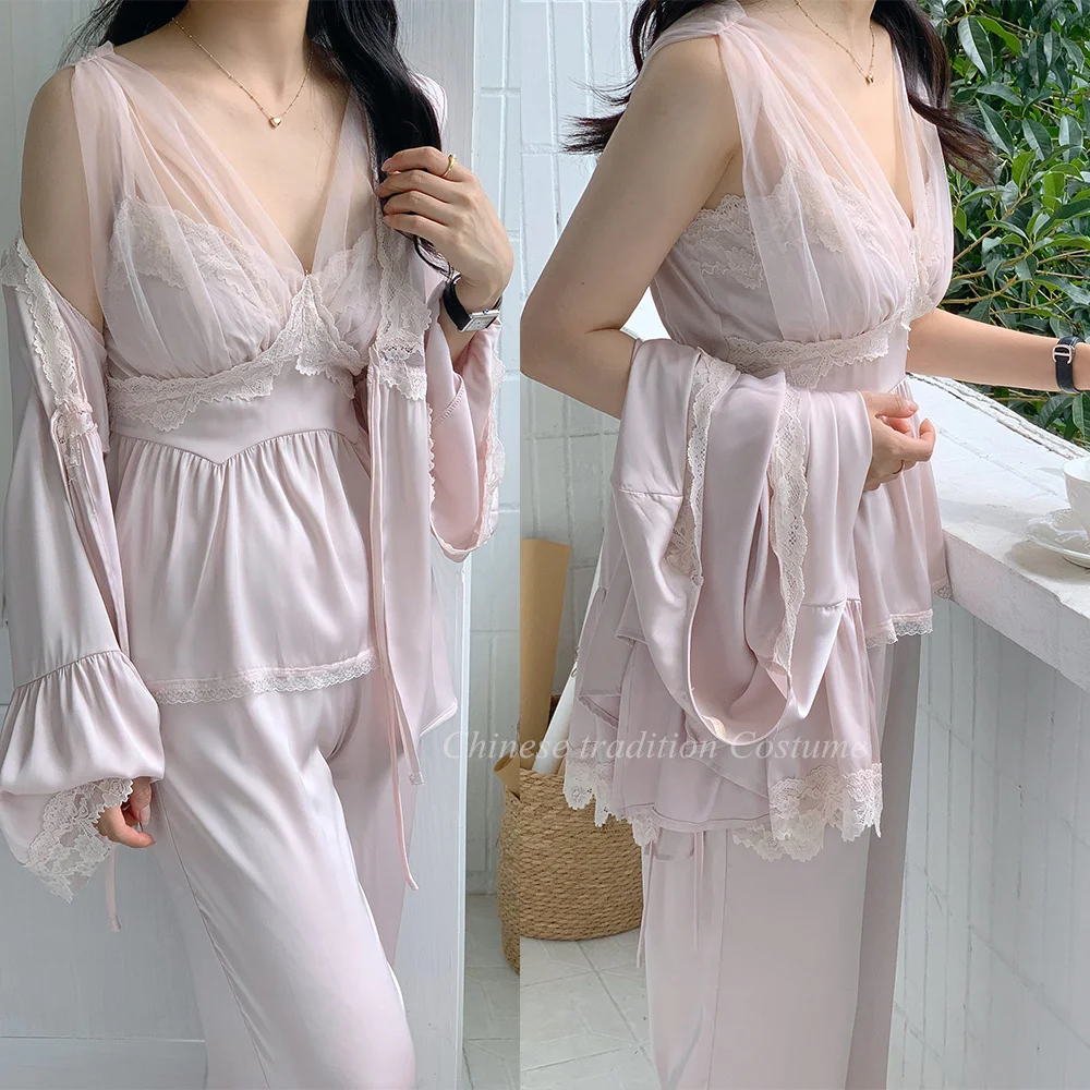 

Lady Elegant Sleepwear 3Piece Set Retro Palace Style Pyjamas Loungewear Pajamas Mesh Lace Strap Top&pants Satin Summer Nightwear