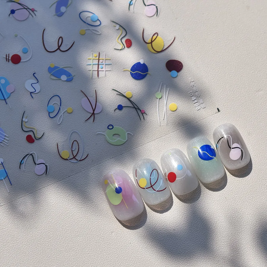 Pegatinas de colores geométricos para manicura, pegatinas autoadhesivas para arte de uñas, estilo de ilustración de bloque de Color de línea geométrica, planeta cuadrado marmoleado INS