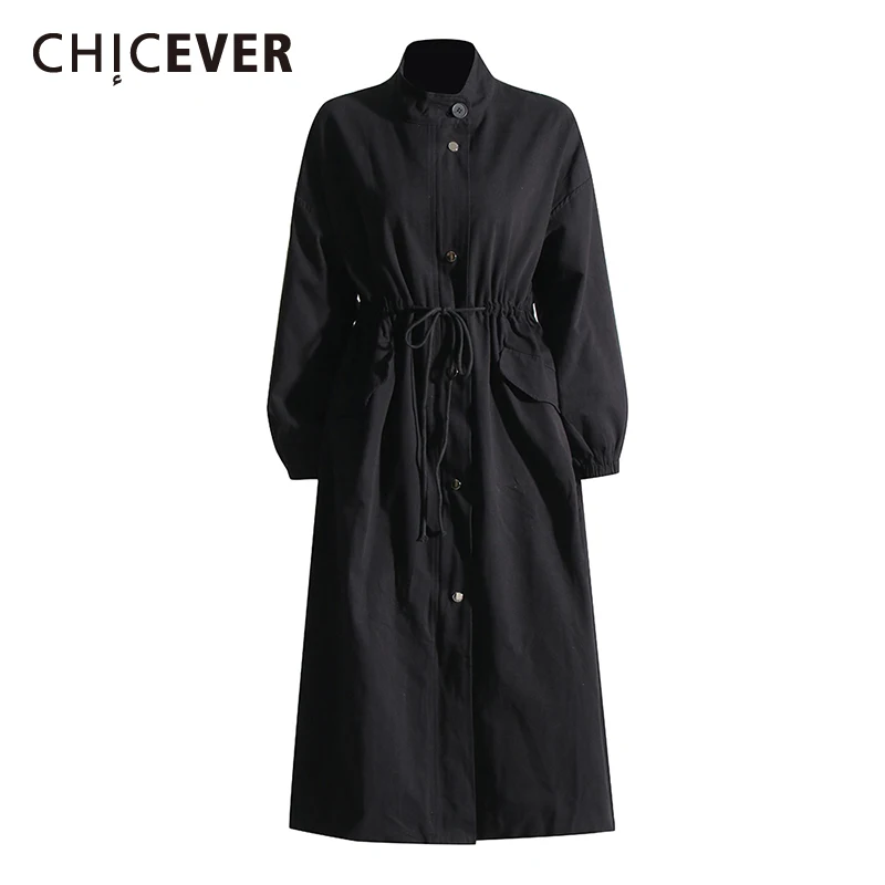 

CHICEVER Black Spliced Lace Up Korean Trench Female Turtleneck Long Sleeve Loose Atmospheric Style Women's Trenchs Autumn New