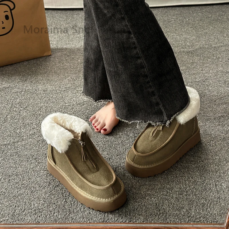 Fur Warm Snow Boots for Women Thick Sole Front Zipper Ankle Boots Women's Plush Winter Boots Turned Over Edge Cotton Shoes