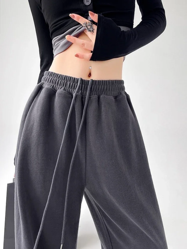 الخريف الشتاء السراويل الرياضية النساء الأمريكية الرجعية عالية الخصر مستقيم Sweatpants عادية فضفاض مرونة الخصر الرباط السراويل الرمادية