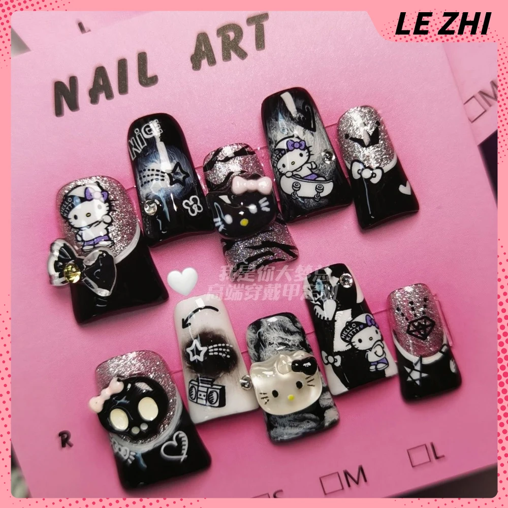 

10Pcs Kawaii Sanrio Hellokitty Handmade Press On Nail Flash Hot Girl Light Luxury Diamond Flowers Wearable Full Cover False Nail