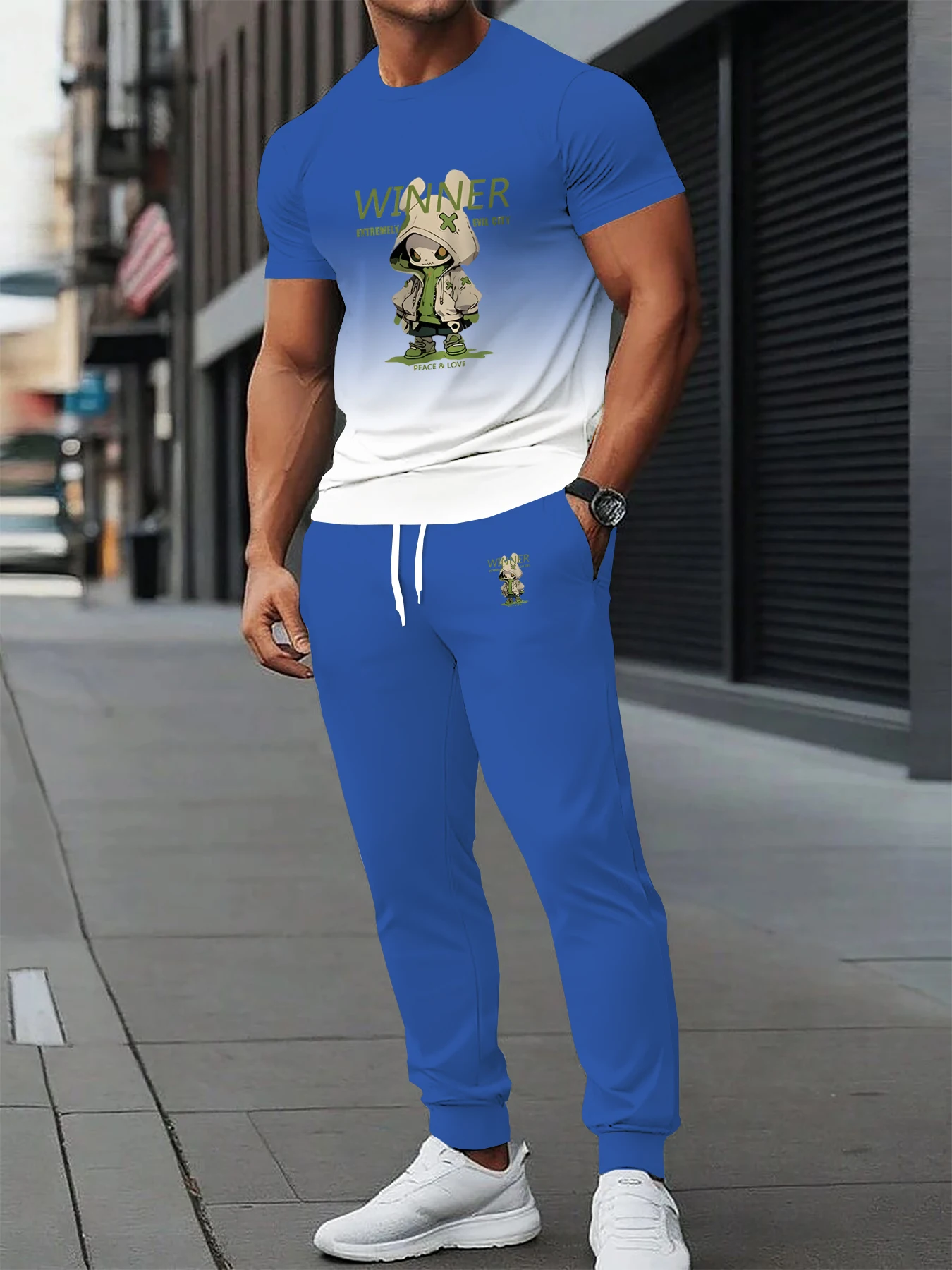 

Summer Men's Set Polyester Sports and Leisure Round Neck with Micro Elastic Knitted Short Sleeve T-shirt and Pants 2-piece Set