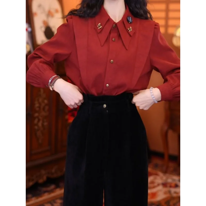 

Retro Red Double-layer Lapel Shirt for Women 2025 Spring New Chic Design Loose Top
