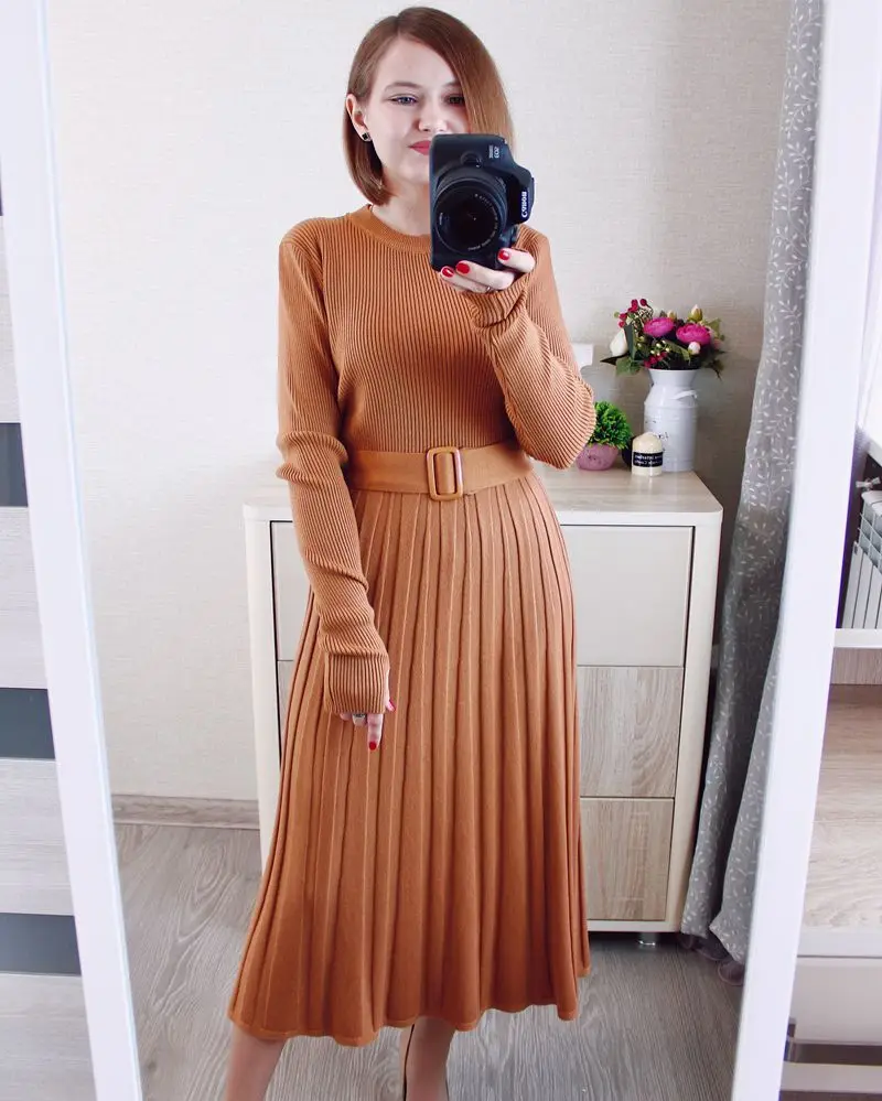 GIGOGOU Chic Long Knit Women Maxi Sweater Dress O Neck Winter Thick Warm A Line Dresses with Belt Woman Pleated Midi Dress