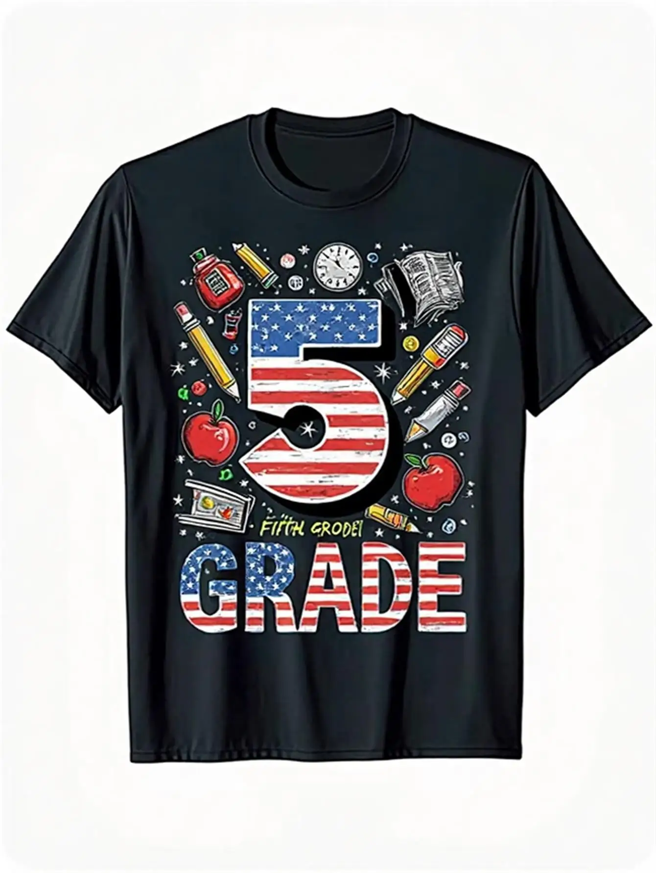 

Men's Patriotic 5Th Grade Back to School T-Shirt with American Flag and School Icon Design, 100% Loose Fit T-Shirt with 5Th Grade Lettering, Sizes S-Xxxl, Casual Short Sleeve Crew Neck Shirt