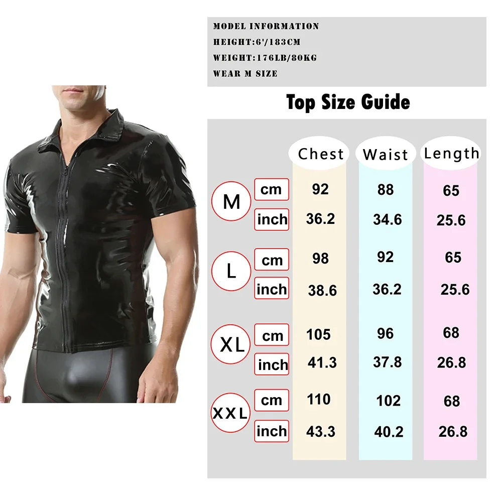 Sexy Black Men's Short Sleeve Turn-down Collar Tees Wet Look PVC Leather T-shirts Zipper Shiny Latex Stage Clubwear Tight Tops