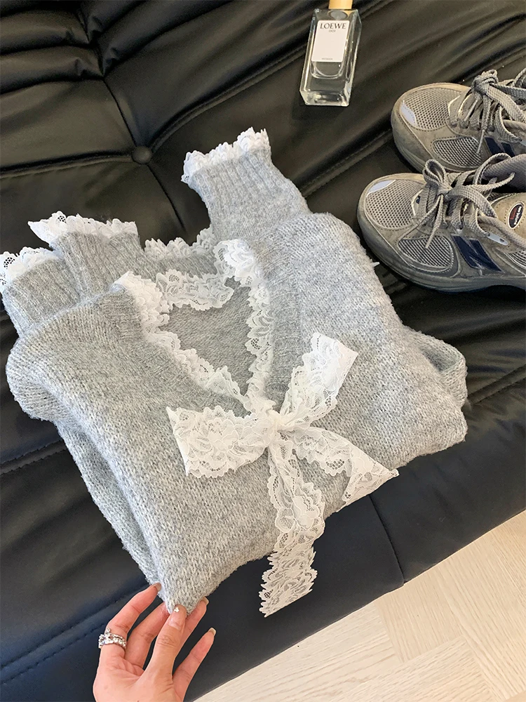 

ay Lace Splice Knot V-ne Sweater Women's Autumn Winter Thiened Sweet Design Knitted irt Commute Sle Long ...