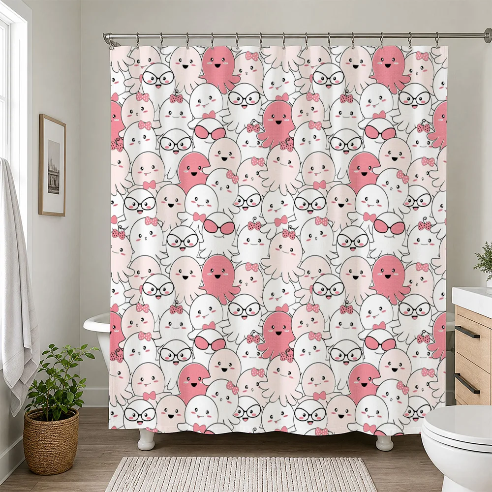 Adorable Cute Ghost Couple Shower Curtain Waterproof Bathroom Decor Novelty Liners Pink Whimsical Kids Shower Curtain Accessorie