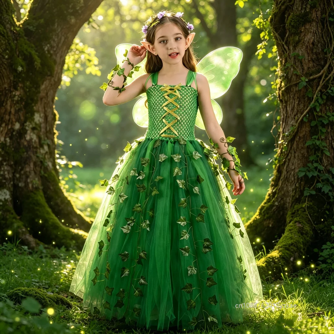Disfraz de Hada Elfa Verde para Niña, Vestido Largo de Tul con Alas y Accesorios de Enredaderas, Ideal para Festivales de Música, Escenarios, Halloween y Carnaval