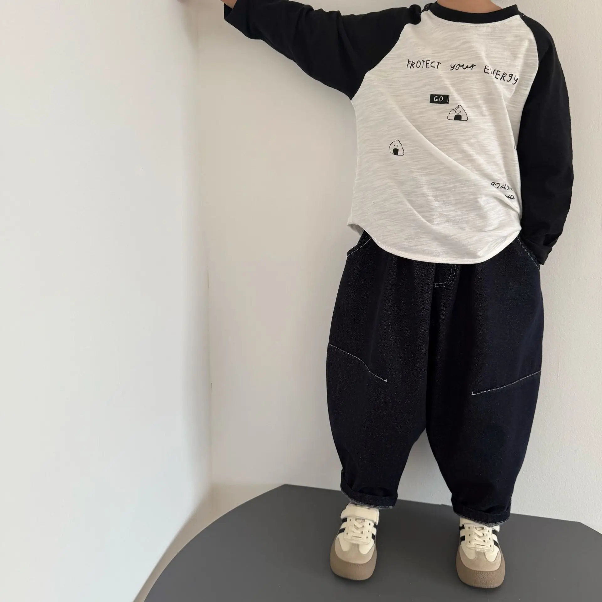 جينز ربيعي جديد عصري ومريح ومطابق تمامًا للأولاد والبنات والأطفال كوري فضفاض كاجوال من القطن البسيط الصلب #1