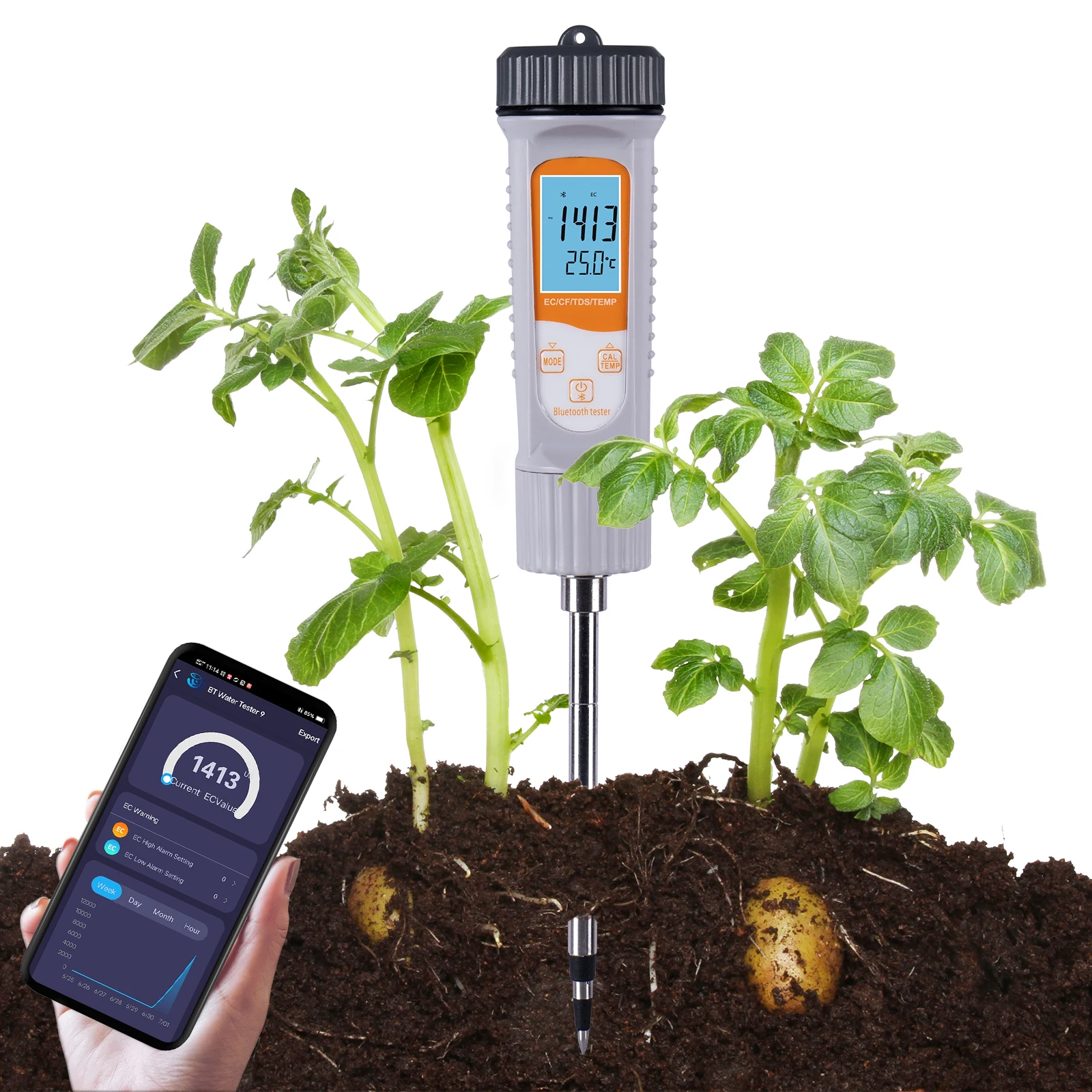 4-in-1 Water Tester EC/TDS/CF/Temp Soil Moisture Meter Water Monitor Long Probe Hygrometer for Outdoor Indoor Large Pot Plants