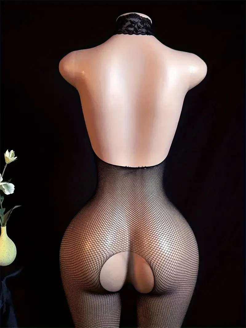 Sexy Crotchless Full Bodystockings Porno Underwear Women Mesh Hollow Out Open Bra Teddy Baby Doll Dress Y2k Erotic Lingerie Set view 3