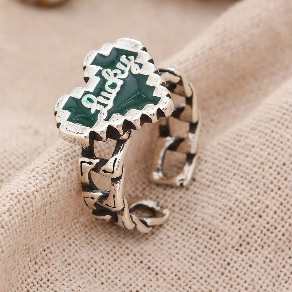 New Arrival Romantic Mosaic Green Love Heart Lucky Letter Resin Thai Silver Ladies Wedding Ring Biżuteria dla kobiet Gorąca sprzedaż