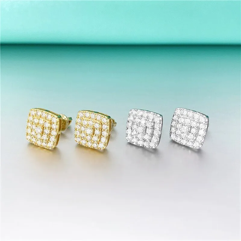 Hip Hop Jewelry Square Ear Studs VVS Moissanite Diamond Stud Earrings 925 Silver Wedding Jewelry Men Women