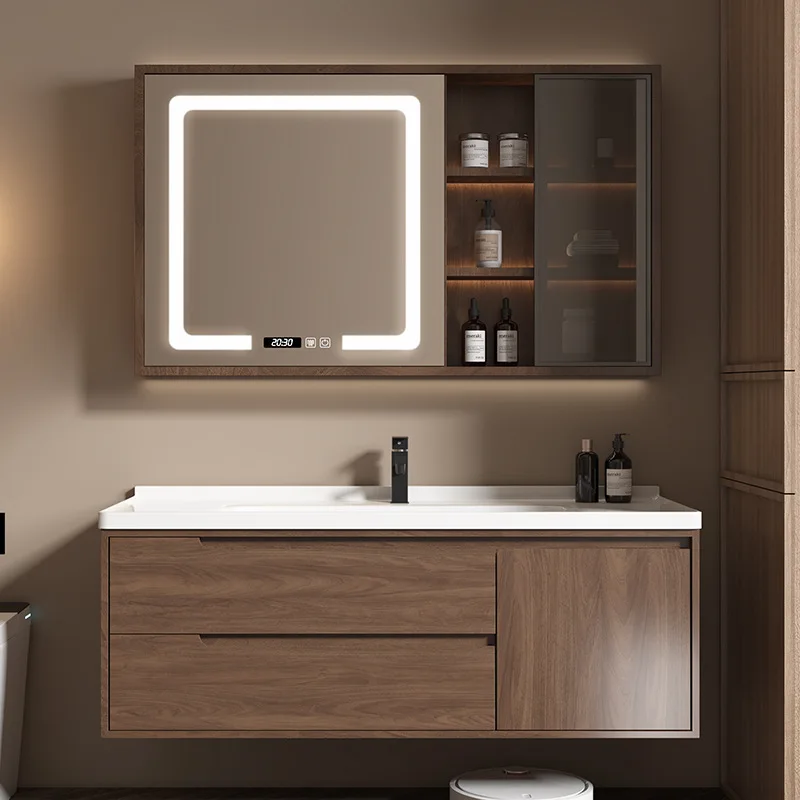 

Hangzhou Yida walnut color smart bathroom bathroom cabinet solid wood bathroom cabinet integrated ceramic basin washstand