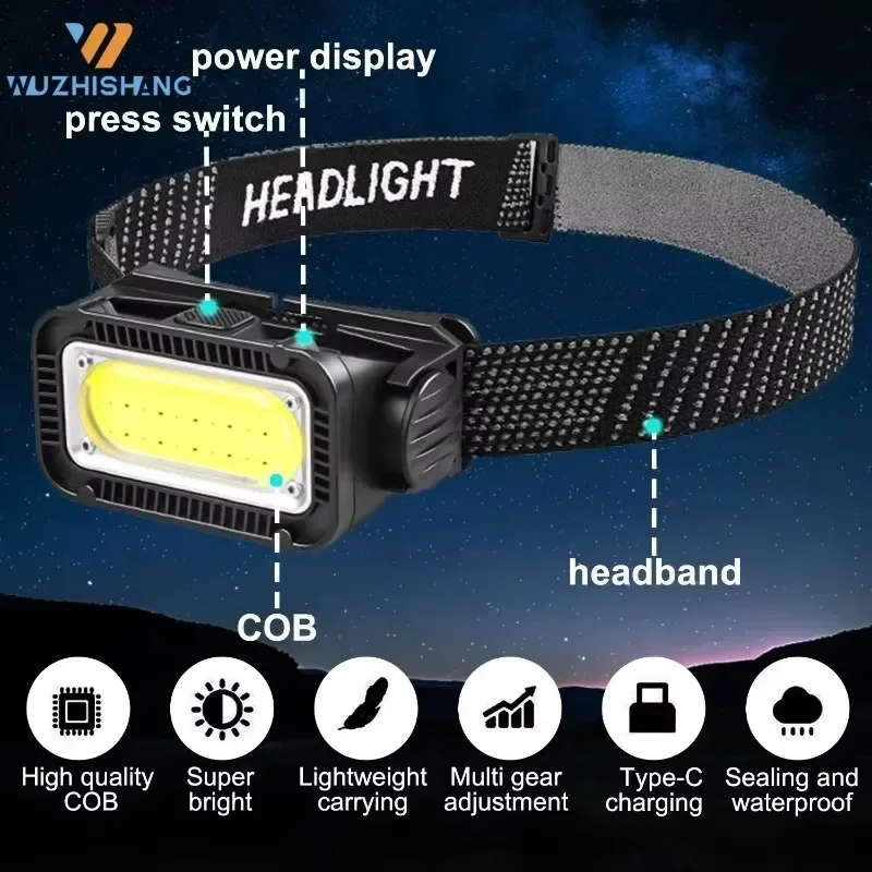 Camping COB Headlamp Type C Rechargeable 18650 Battery Waterproof Technology Adjustable Headband Professional Lighting System