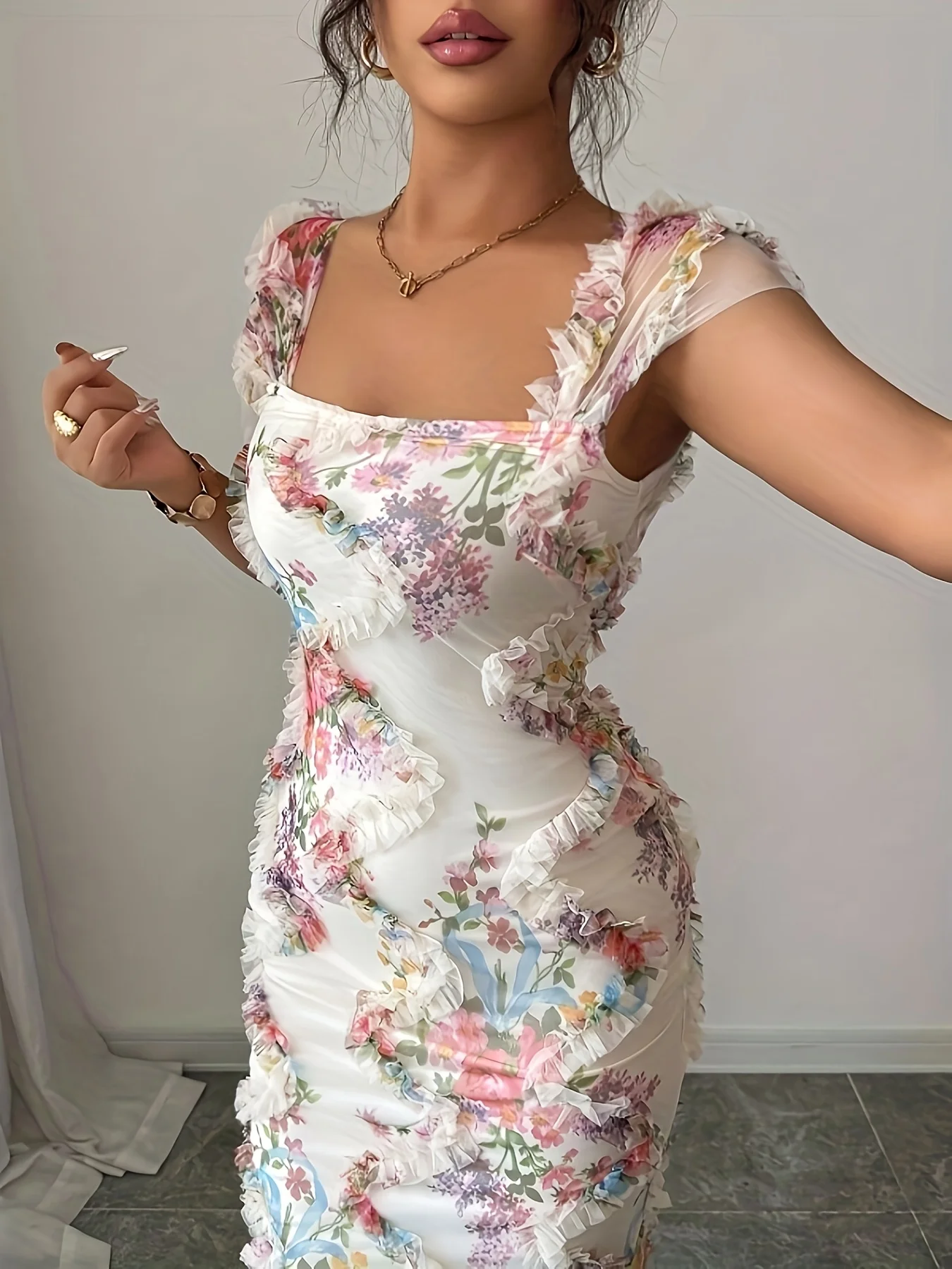 Kleider für Damen Neues Langarm-Kleid mit Quadratischem Ausschnitt Elegantes Bedrucktes Hüftbetontes Kleid Damen Vestidos De Verano Mujer Q1834 – Detail 8