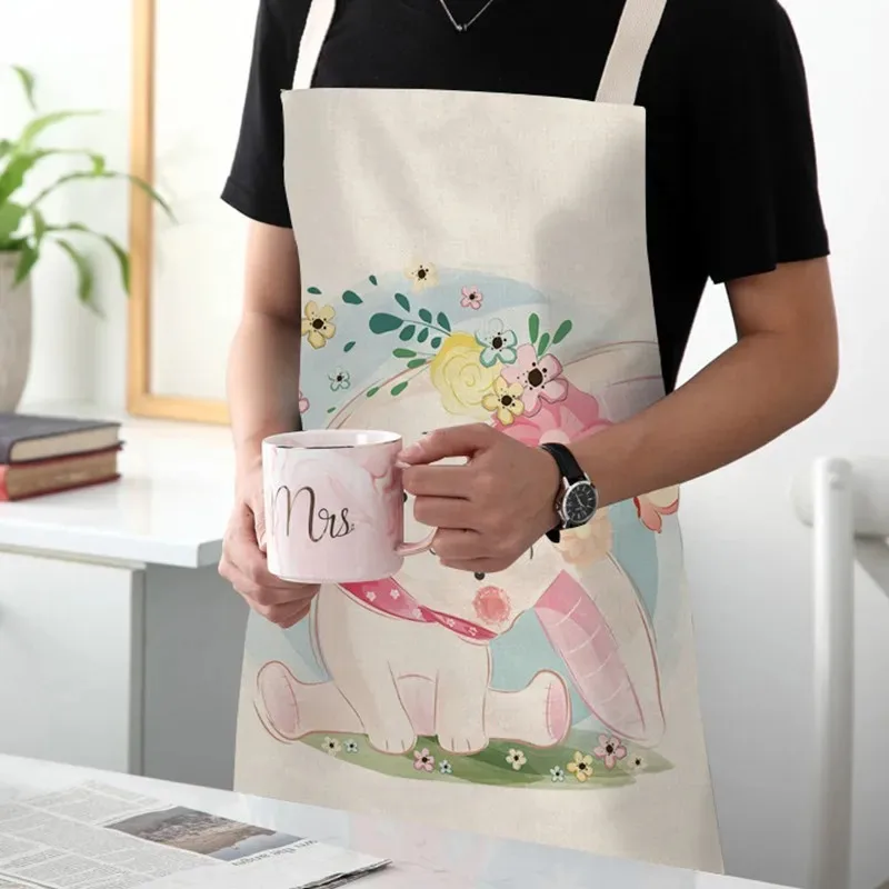 Lovely Cartoon Rabbit Printed Kitchen Aprons for Women Kids Sleeveless Cotton Linen Cooking Cleaning Tools