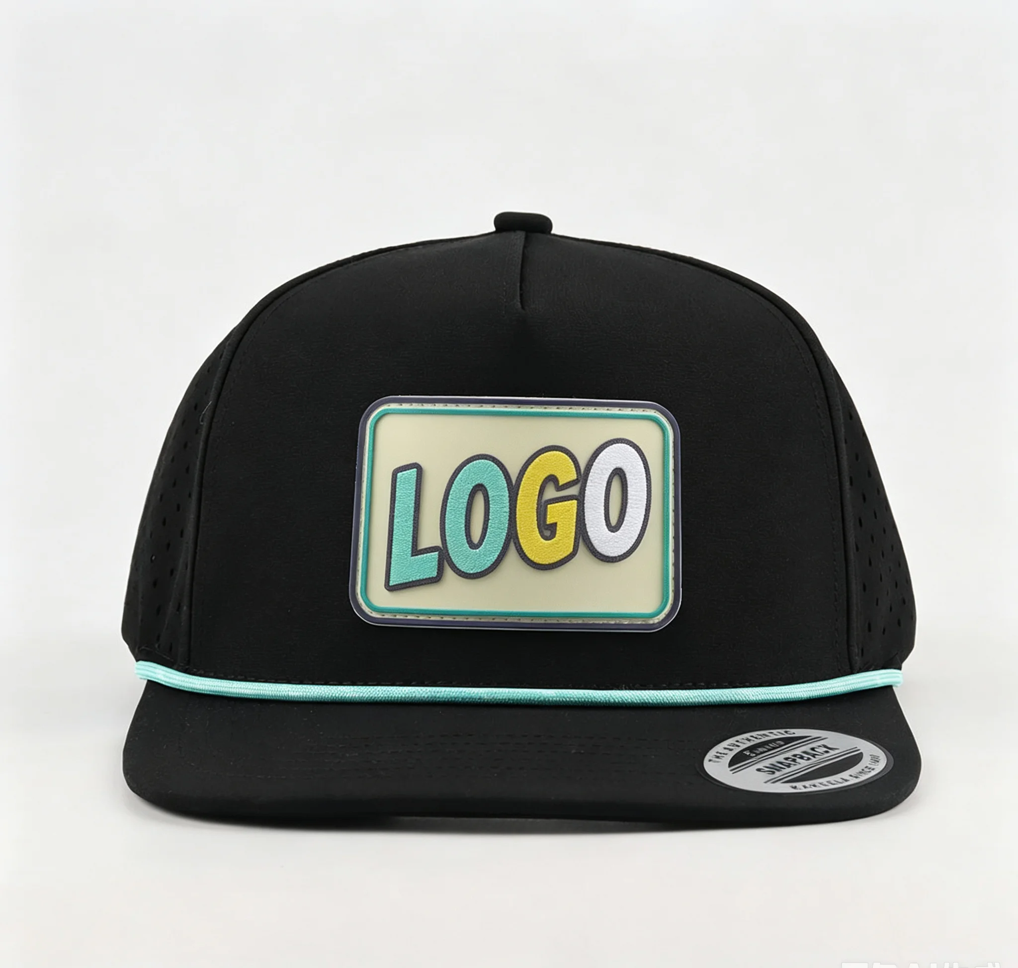 Customized 5 Panel Flat Brim Snapback Hat Laser Cut Perforated Golf Rope Waterproof with Custom Logo Rubber Patch for Wholesale