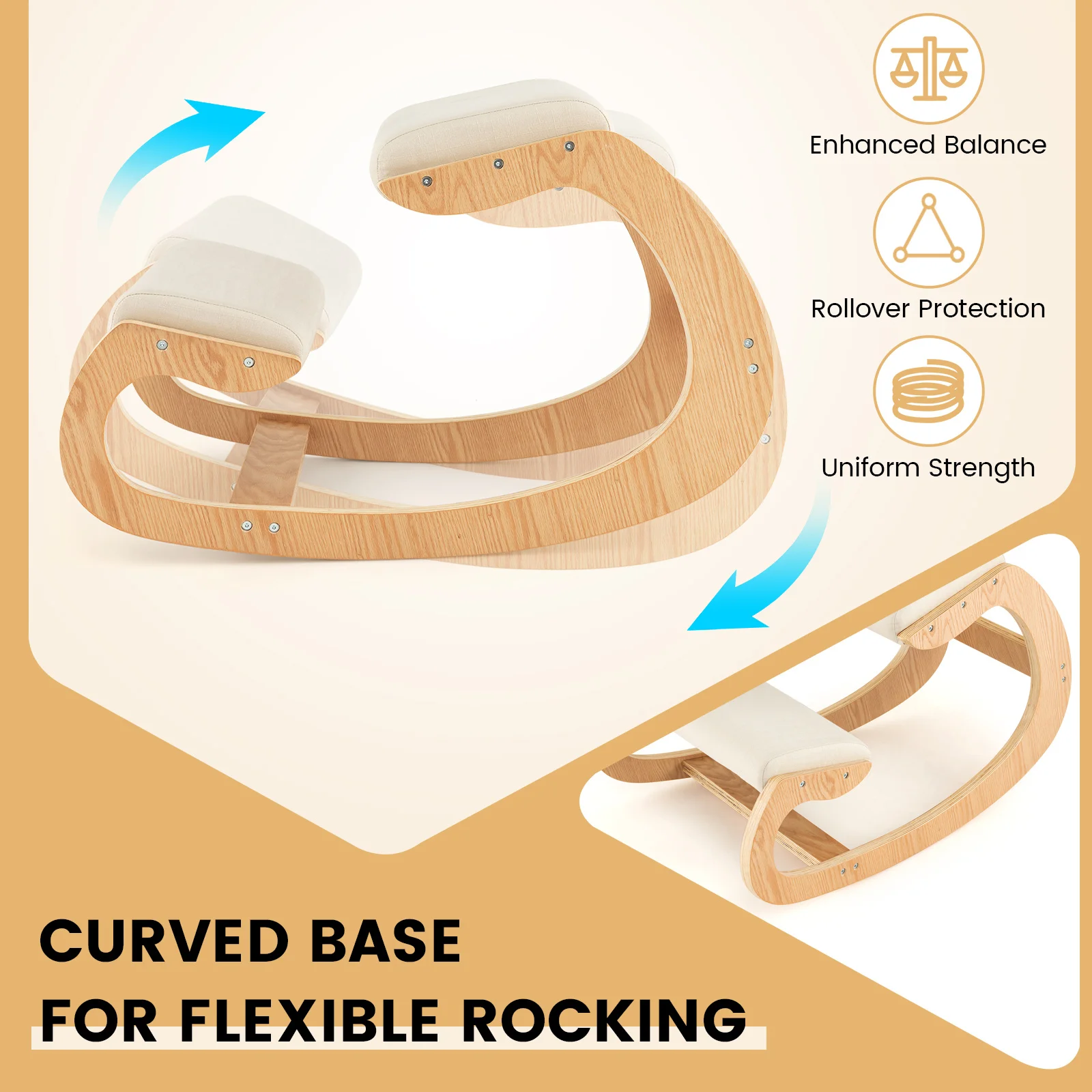 Ergonomic Wooden Kneeling Chair with Cushioned Seat and Back Support—a Rocking Posture Stool Designed To Improve Alignment,