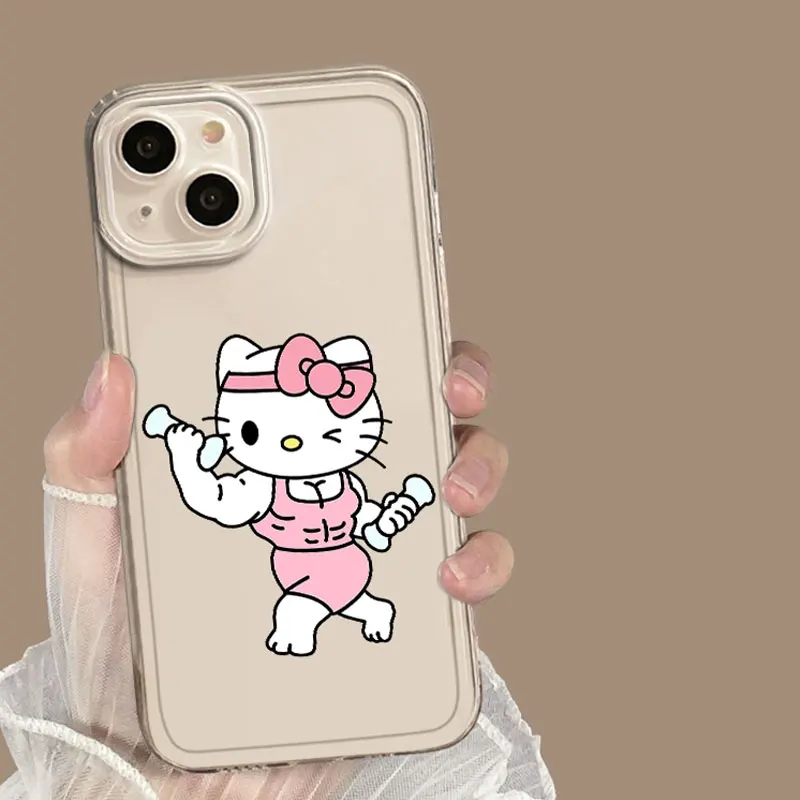 Funny Sanrio Hello Kitty Muscle KT Phone Case for IPhone 15 16 Pro Max 11 12 13 14 Mini X XS 7 8Plus Clear Soft Cover Fundas Y2K