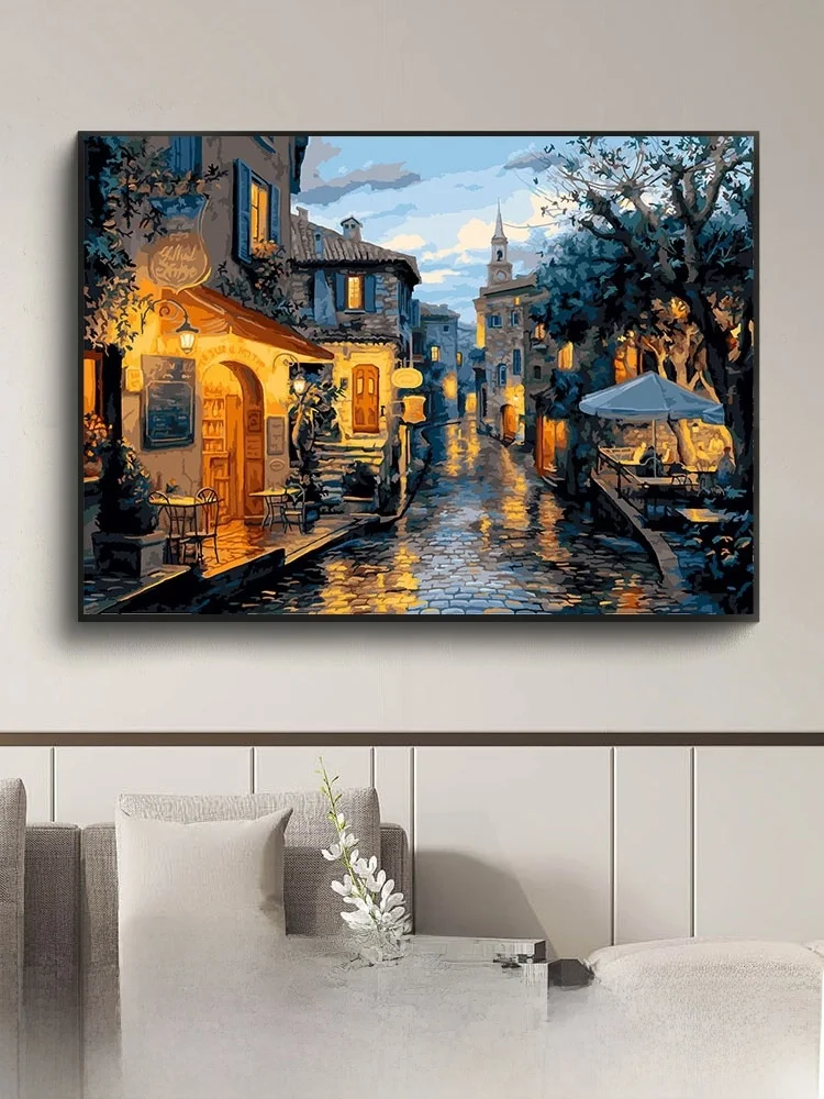 

Modern Simple Style Handmade Color Filling Digital Oil Painting Rain after Small Lane Living Room Decorative Artwork Canvas